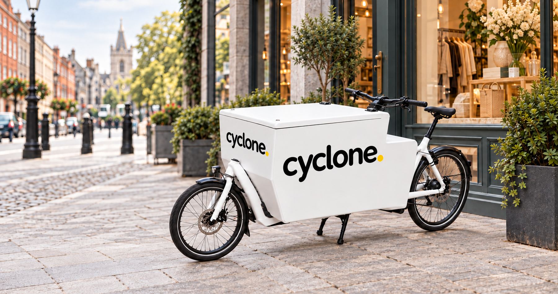 A Cyclone cargo bike outside a Dublin shop